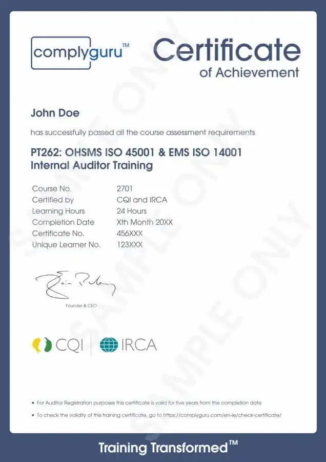 Sample Certificate of ISO 14001 and ISO 45001 Internal Auditor Training for Environmental, Health and Safety Management Systems (EHS)