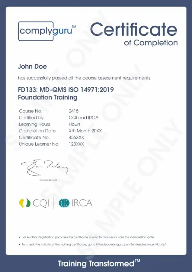Sample Certificate of ISO 14971 Requirements for Practitioners and Auditors