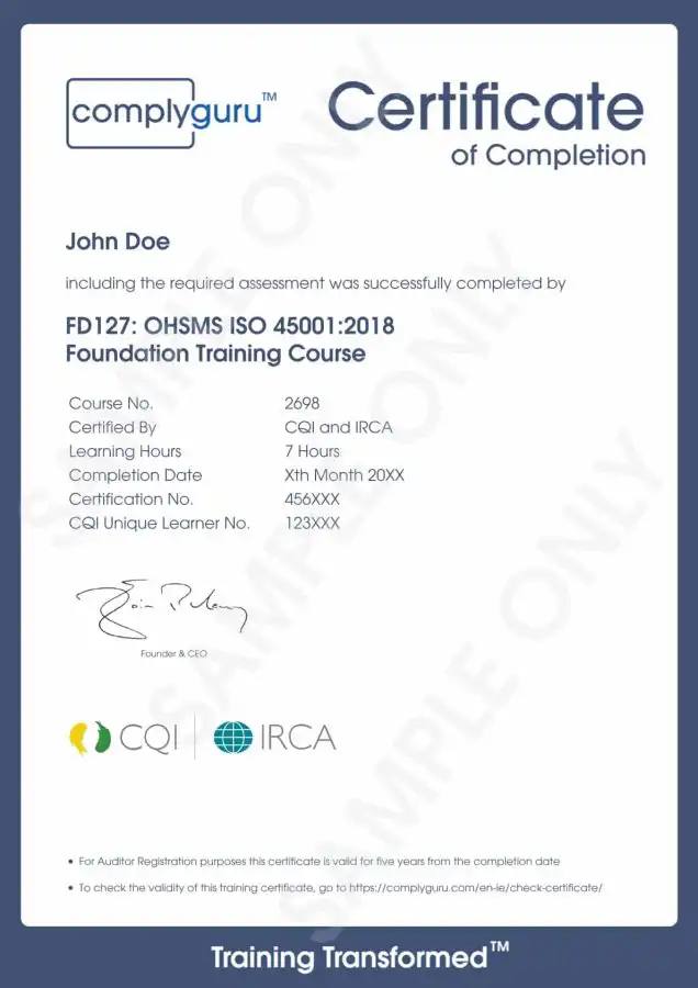 Sample Certificate of ISO 45001 Requirements for Practitioners and Auditors