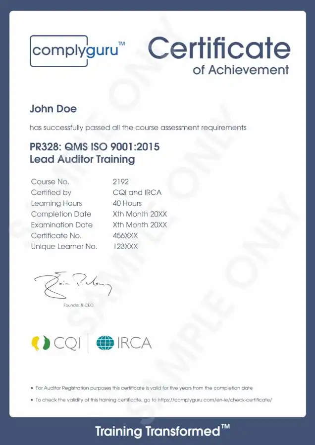 Sample Certificate of ISO 9001 Lead Auditor Training for Quality Management Systems (QMS)