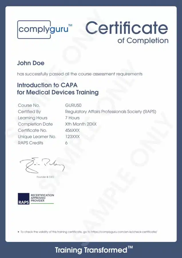 Sample Certificate of Introduction to CAPA in Medical Devices Training