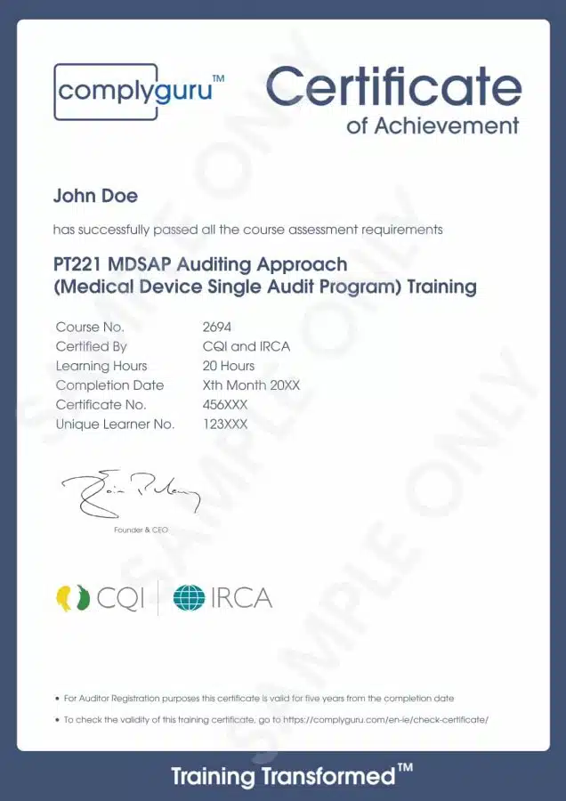 Sample Certificate of MDSAP Auditor Skills Training