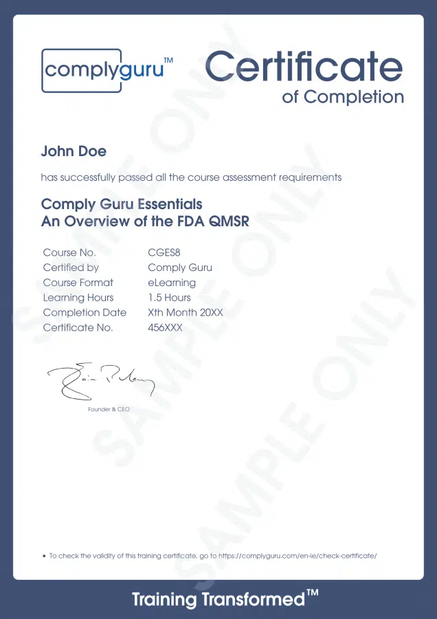 Sample Certificate of FDA QMSR Essentials Training