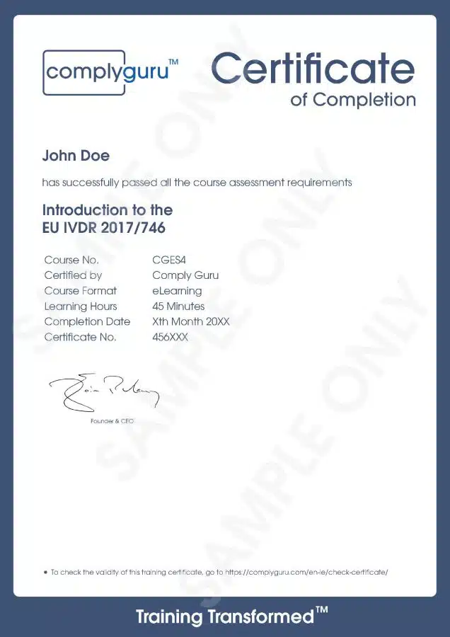 Sample Certificate of Introduction to EU IVDR 2017/746 Training