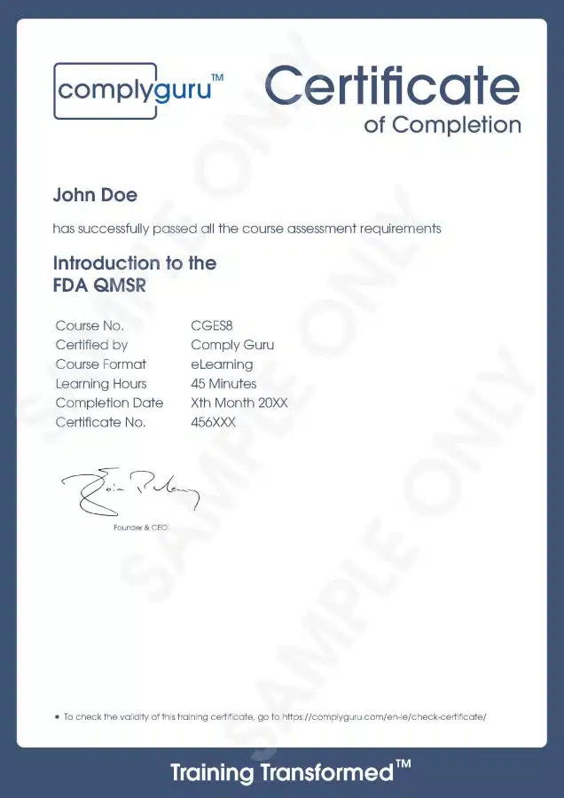 Sample Certificate of Introduction to FDA QMSR Training