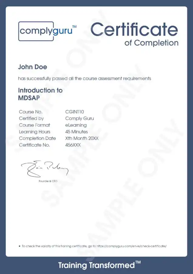 Sample Certificate of Introduction to MDSAP Training