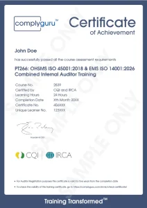 Sample Certificate of ISO 14001 and ISO 45001 Internal Auditor Training for Environmental, Health and Safety Management Systems (EHS)