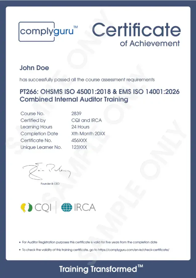 Sample Certificate of ISO 14001 and ISO 45001 Internal Auditor Training for Environmental, Health and Safety Management Systems (EHS)