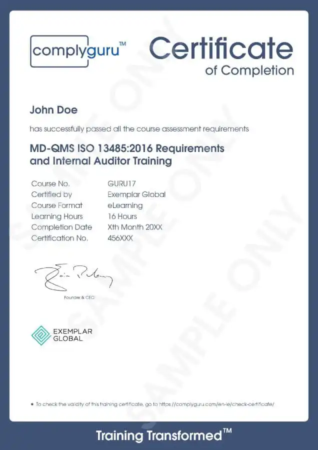 Sample Certificate of ISO 13485 Internal Auditor Training for Medical Device Quality Management Systems (MD-QMS)