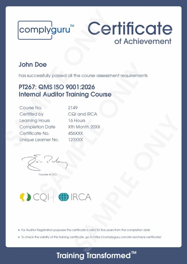 Sample Certificate of ISO 9001 Internal Auditor Training for Quality Management Systems (QMS)