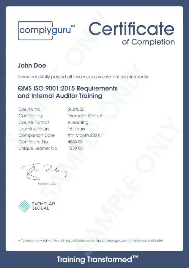 Sample Certificate of ISO 9001 Internal Auditor Training for Quality Management Systems (QMS)