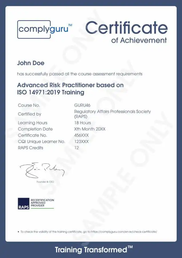 Sample Certificate of Advanced Risk Practitioner (ISO 14971) for Medical Devices