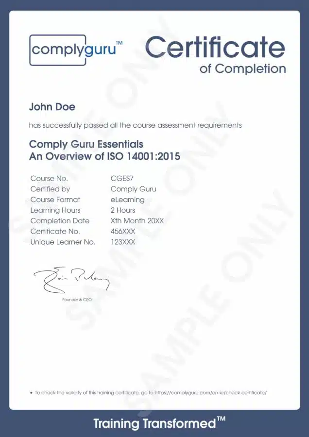 Sample Certificate of ISO 14001 Essentials Training