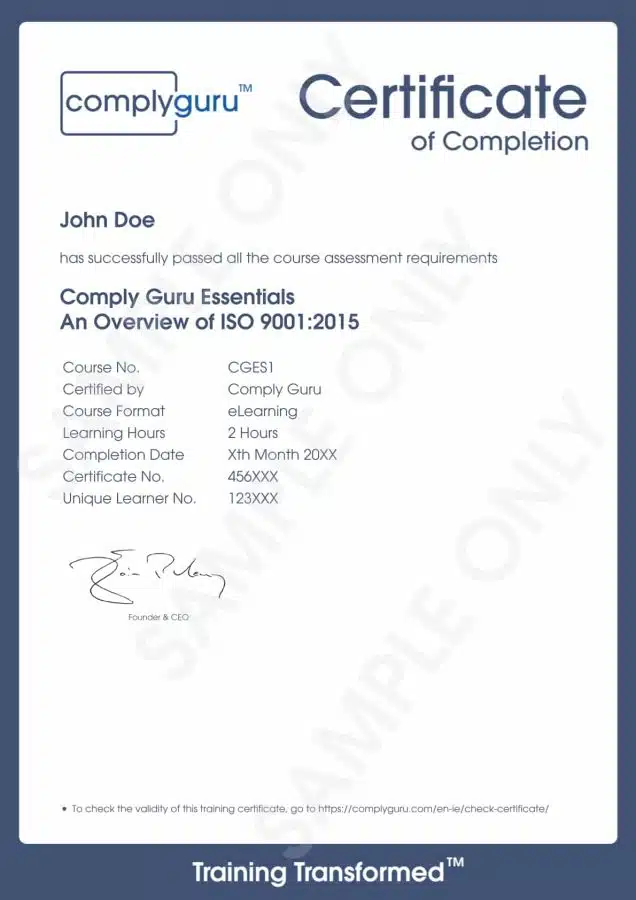 Sample Certificate of ISO 9001 Essentials Training