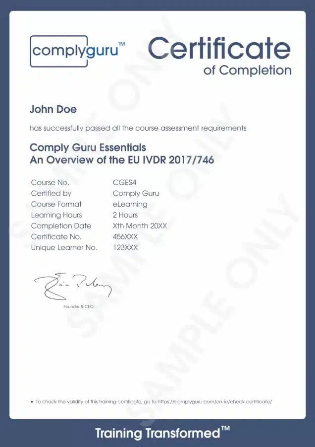 Sample Certificate of EU IVDR 2017/746 Essentials Training