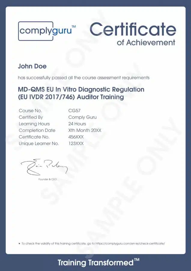 Sample Certificate of EU IVDR Auditor Training for the European In Vitro Diagnostic Regulation (2017/746)