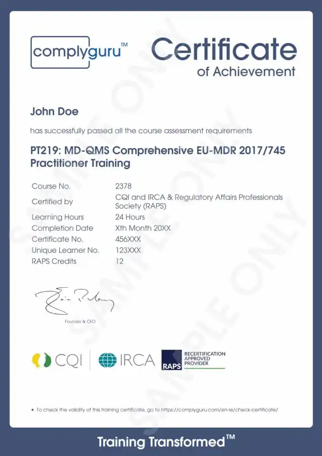 Sample Certificate of EU MDR Requirements Training for Practitioners working with the European Medical Device Regulation (2017/745)