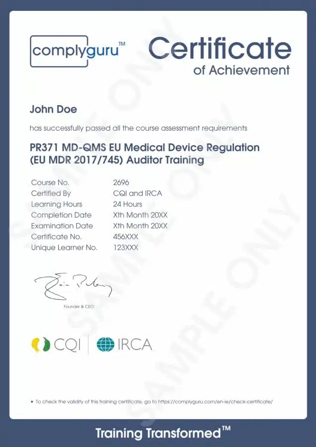 Sample Certificate of EU MDR Lead Auditor Training for the European Medical Device Regulation (2017/745)
