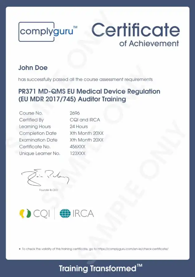 Sample Certificate of EU MDR Lead Auditor Training for the European Medical Device Regulation (2017/745)