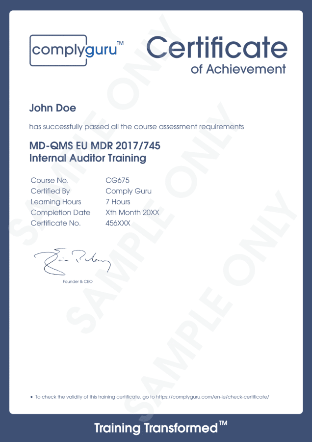 Sample Certificate of EU MDR Internal Auditor Training for the European Medical Device Regulation (2017/745)