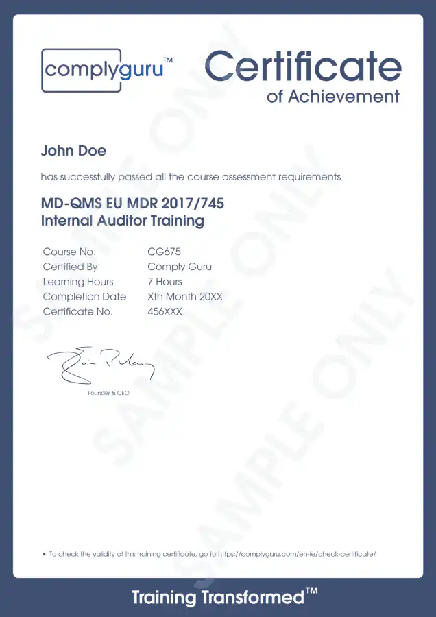 Sample Certificate of EU MDR Internal Auditor Training for the European Medical Device Regulation (2017/745)