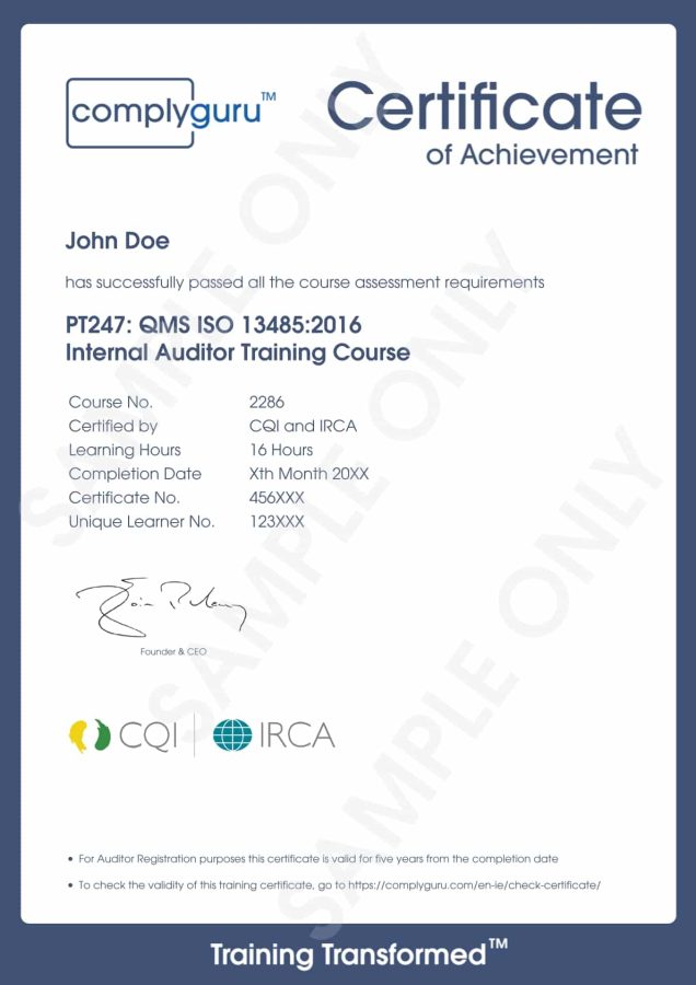 Sample Certificate of ISO 13485 Internal Auditor Training for Medical Device Quality Management Systems (MD-QMS)