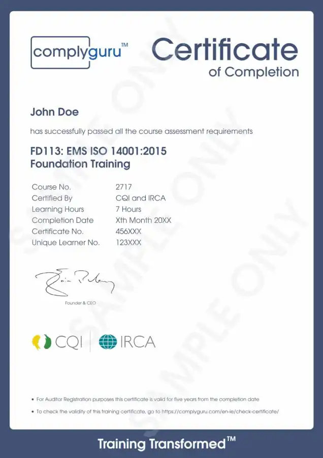 Sample Certificate of ISO 14001 Requirements for Practitioners and Auditors