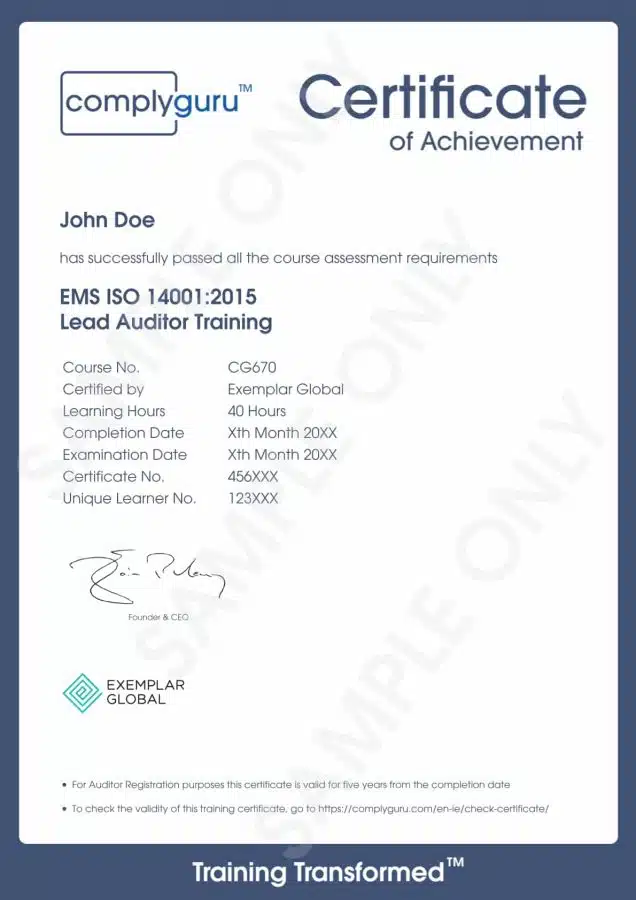Sample Certificate of ISO 14001 Lead Auditor Training for Environmental Management Systems (EMS)