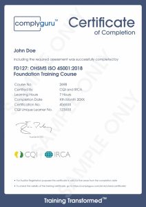 Sample Certificate of ISO 45001 Requirements for Practitioners and Auditors