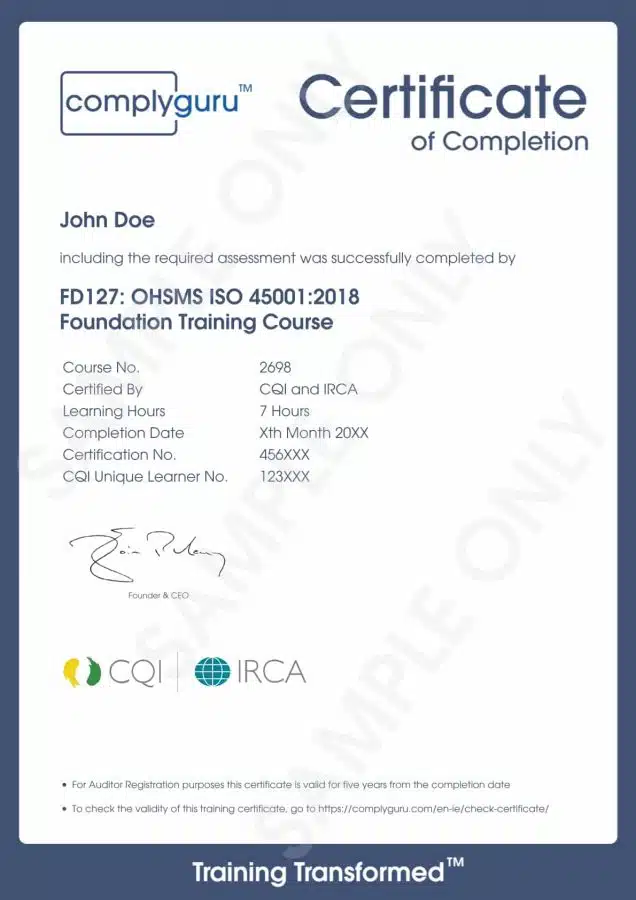 Sample Certificate of ISO 45001 Requirements for Practitioners and Auditors