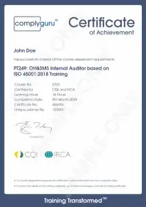 Sample Certificate of ISO 45001 Internal Auditor Training for Occupational Health and Safety Management Systems (OHSMS)