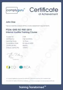 Sample Certificate of ISO 9001 Internal Auditor Training for Quality Management Systems (QMS)