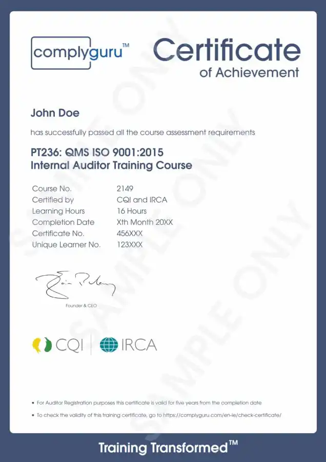 Sample Certificate of ISO 9001 Internal Auditor Training for Quality Management Systems (QMS)