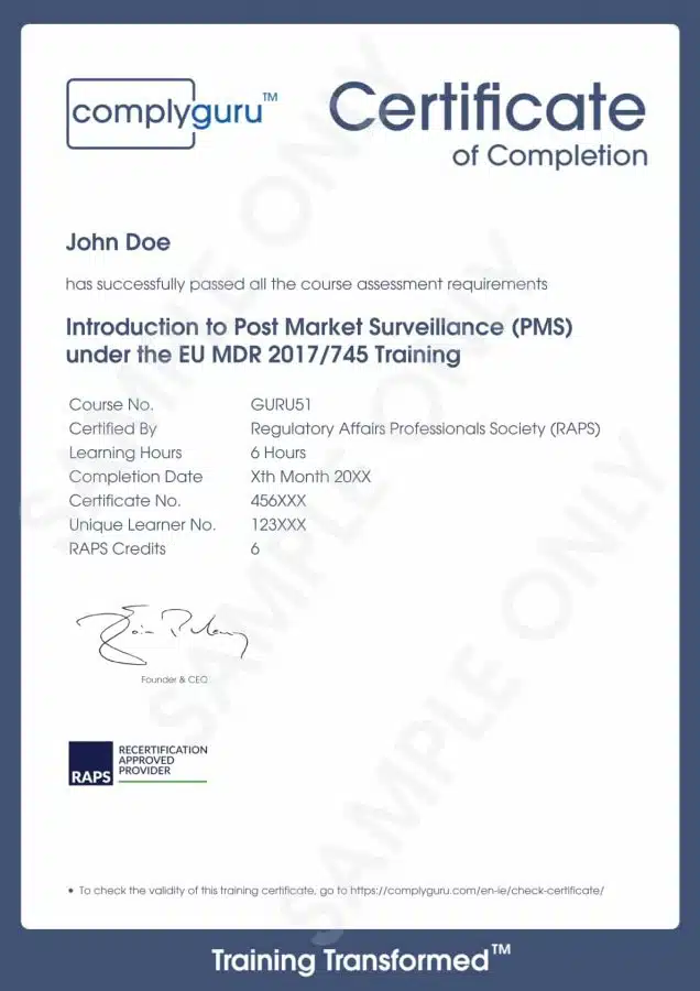 Sample Certificate of Introduction to Post Market Surveillance (PMS) Training