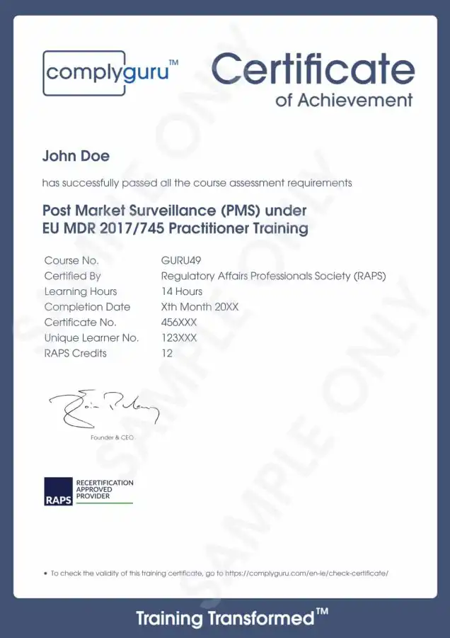 Sample Certificate of Post Market Surveillance (PMS) under EU MDR 2017/745 for Practitioners
