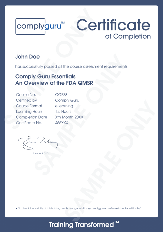 Sample Certificate of FDA QMSR Essentials Training