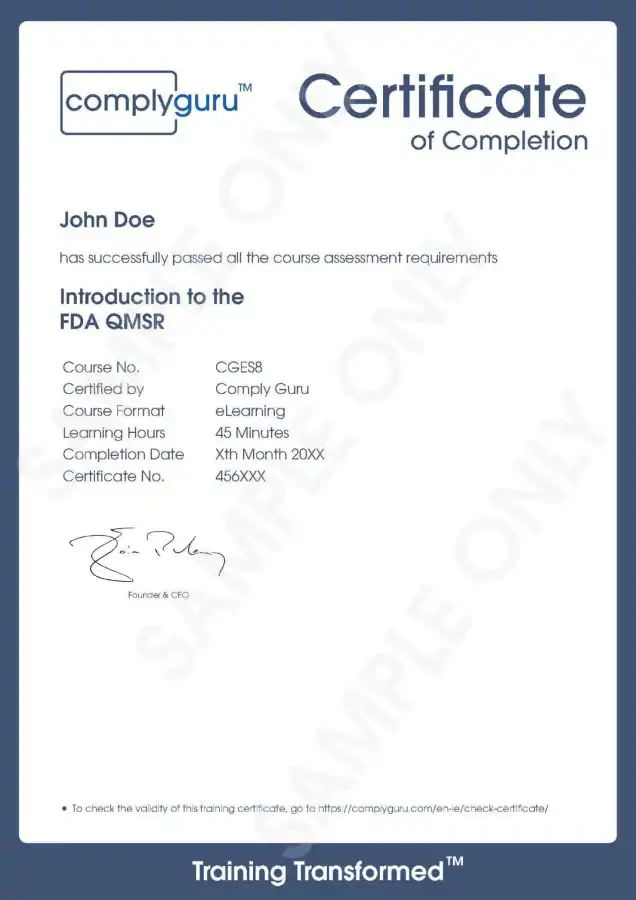 Sample Certificate of Introduction to FDA QMSR Training