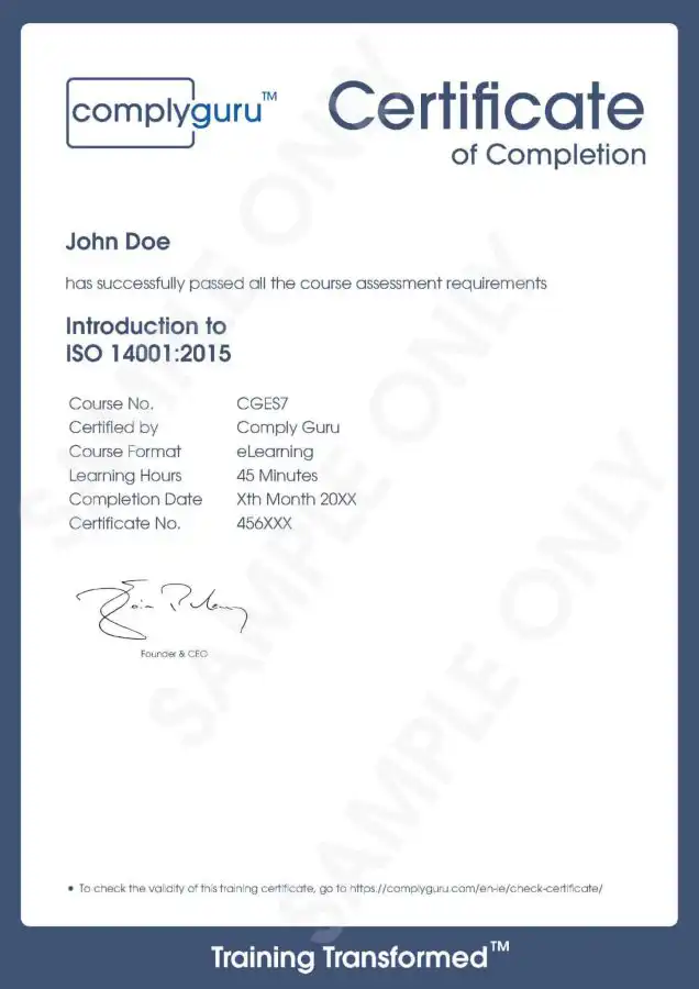 Sample Certificate of Introduction to ISO 14001 Training