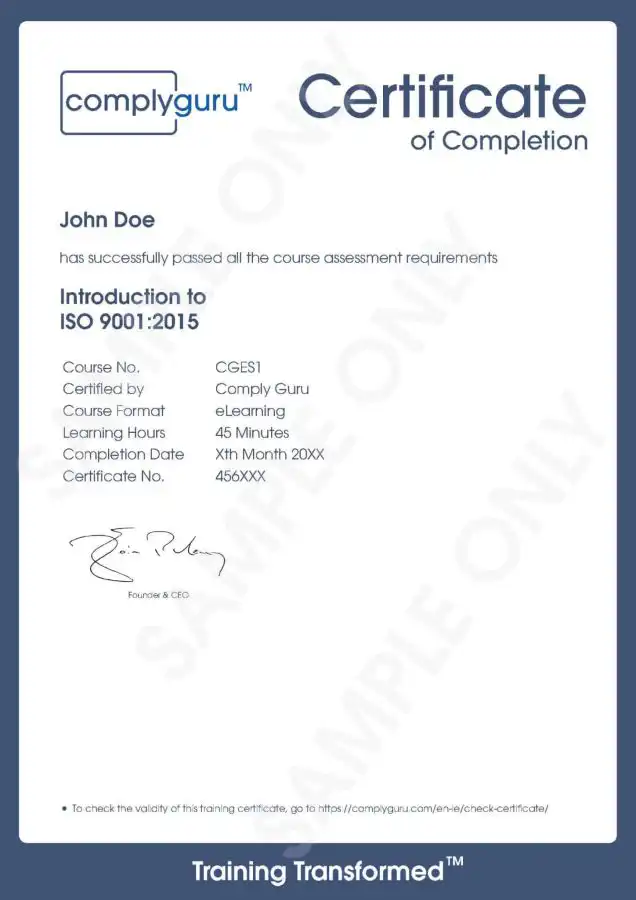 Sample Certificate of Introduction to ISO 9001 Training