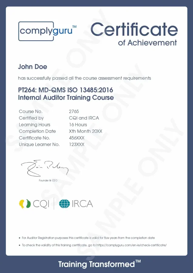 Sample Certificate of ISO 13485 Internal Auditor Training (Blended Learning) for Medical Device Quality Management Systems (MD-QMS)