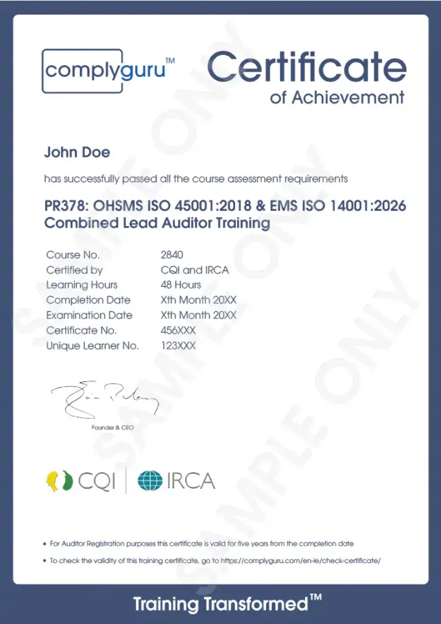 Sample Certificate of ISO 14001 and ISO 45001 Lead Auditor Training for Environmental, Health and Safety Management Systems (EHS)