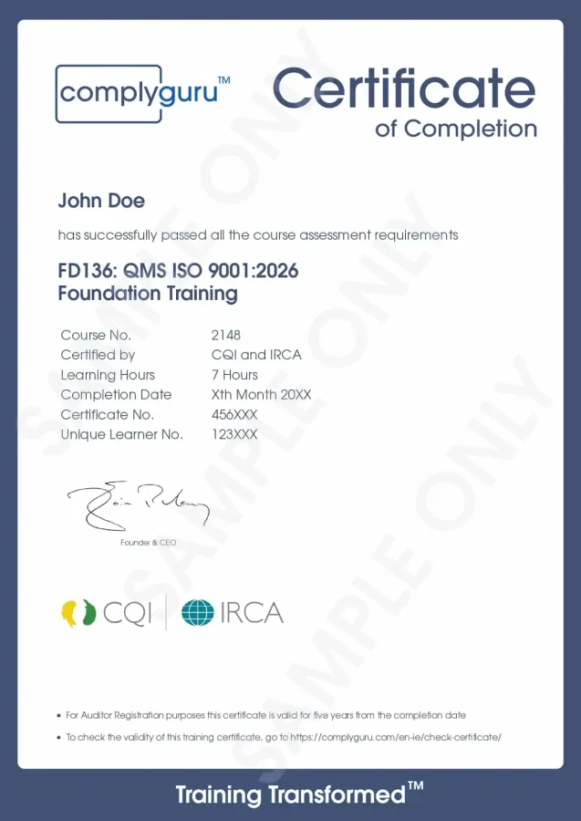 Sample Certificate of ISO 9001 Requirements for Practitioners and Auditors