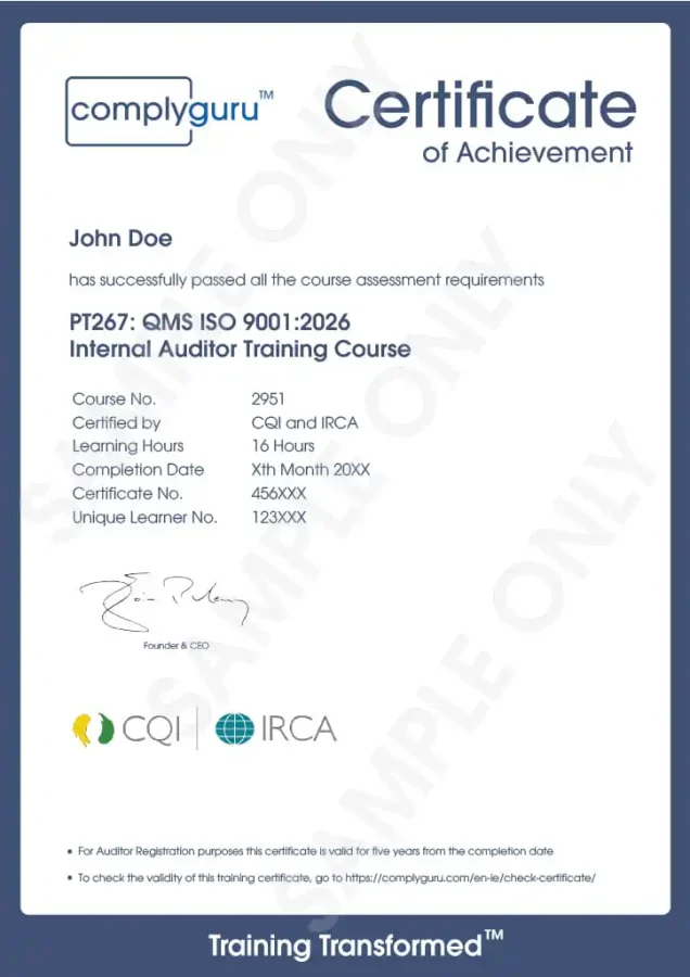 Sample Certificate of ISO 9001 Internal Auditor Training for Quality Management Systems (QMS)