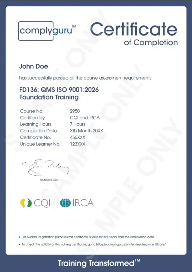 Sample Certificate of ISO 9001 Requirements for Practitioners and Auditors