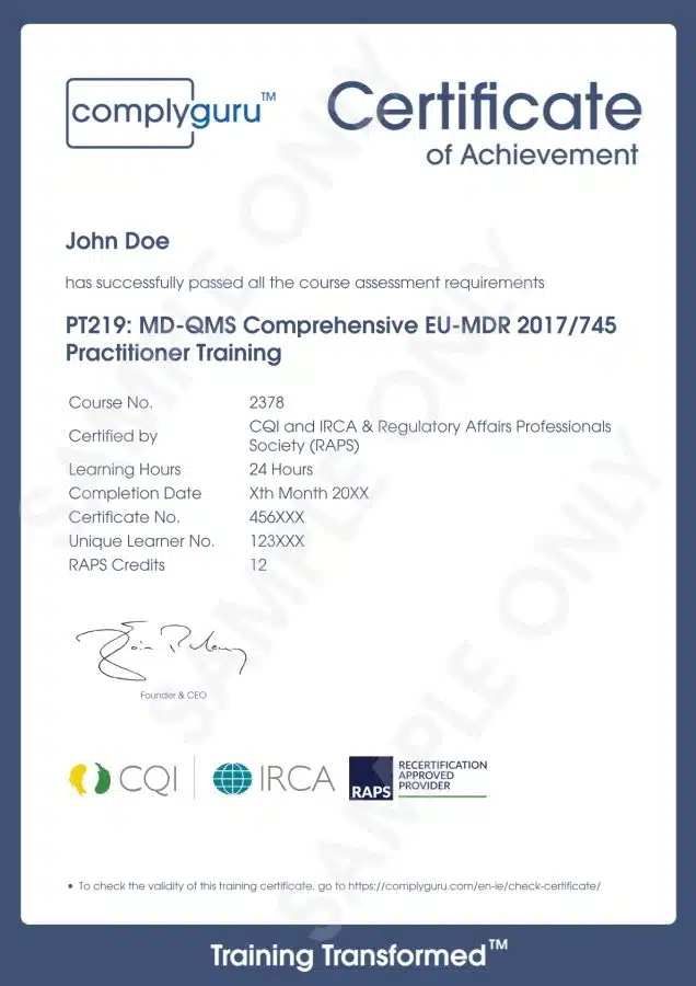 Sample Certificate of EU MDR Training for Practitioners working with the European Medical Device Regulation (2017/745)
