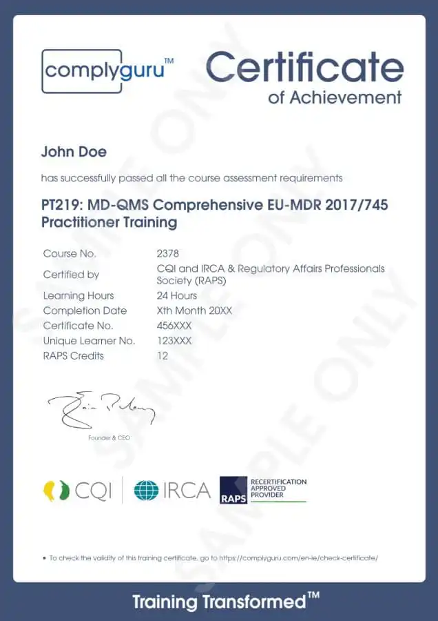 Sample Certificate of EU MDR Requirements Training for Practitioners working with the European Medical Device Regulation (2017/745)