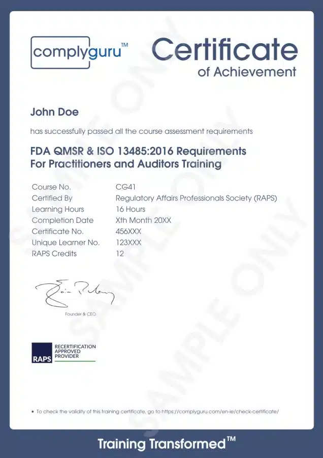 Sample Certificate of FDA QMSR and ISO 13485 Requirements for Practitioners and Auditors