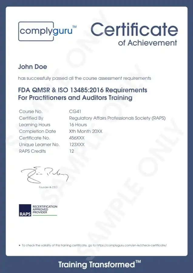 Sample Certificate of FDA QMSR Requirements Training