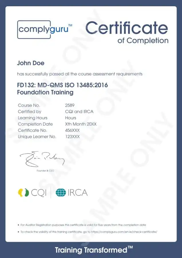 Sample Certificate of ISO 13485 Requirements for Practitioners and Auditors