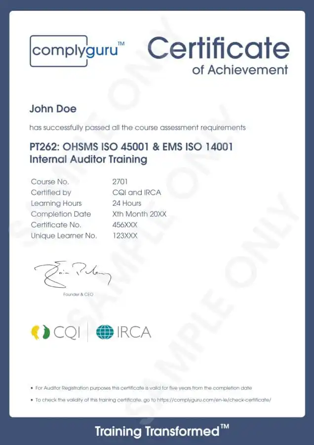Sample Certificate of ISO 14001 and ISO 45001 Internal Auditor Training for Environmental, Health and Safety Management Systems (EHS)
